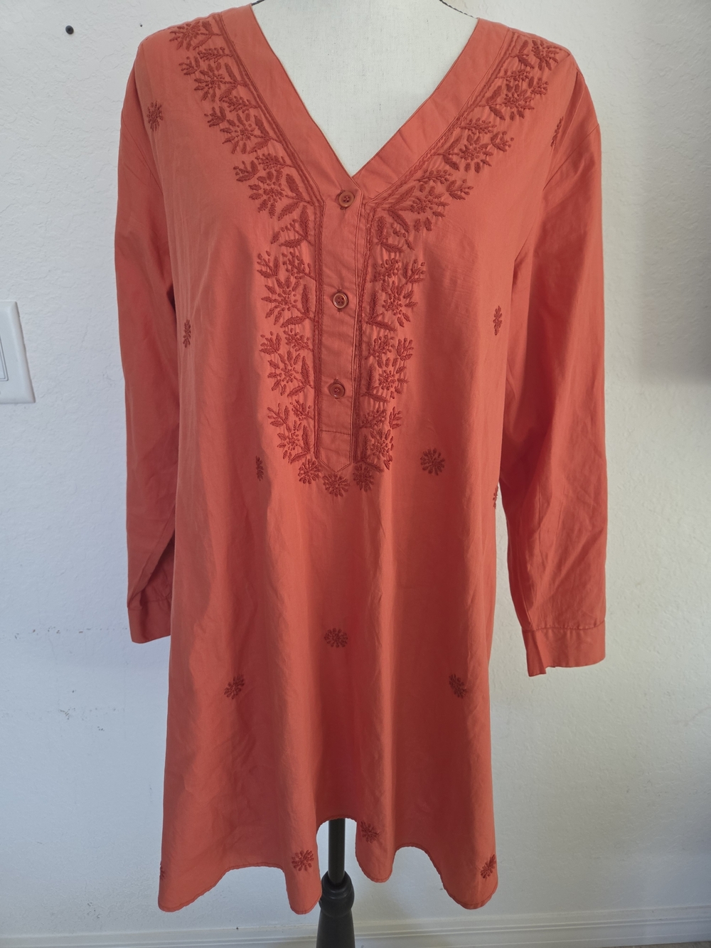 Ayurvastram Orange Hand Embroidered 100% Cotton Tunic Kurti Dress Size 44